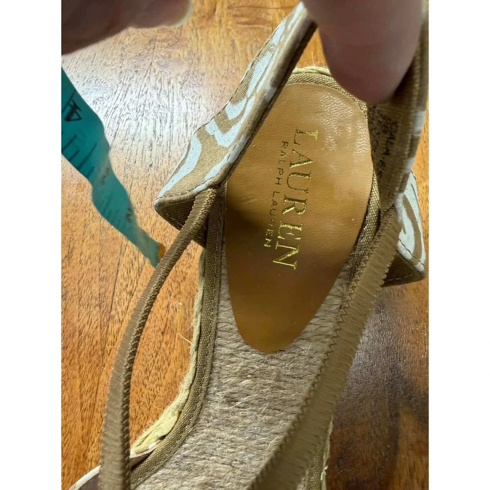vtg‎ Lauren Ralph Lauren 9 B Cala Espadrille Wedge Sandals Tan White CALA-ES-CSL